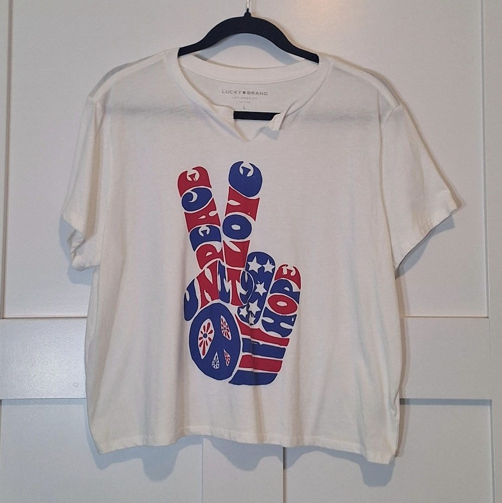 Lucky Brand Crop T Shirt Peace Love Unity Hope Cotton Large White Red Blue
